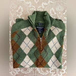 American Eagle Outfitters Green and Brown Argyle Zip-Up Sweater
